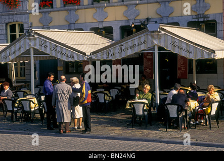 People La Terrasse restaurant Grand Place city of Mons Walloon Region Belgium Europe Stock Photo