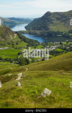 View of Ullswater looking over Glenridding from the Little Cove path to Helvellyn Stock Photo