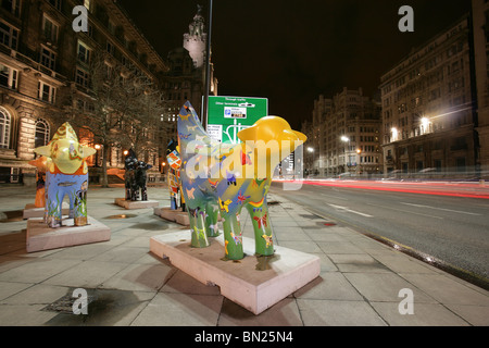 City of Liverpool, England. Night view of a collection of Superlambanana’s next to Liverpool’s Strand dual carriageway. Stock Photo