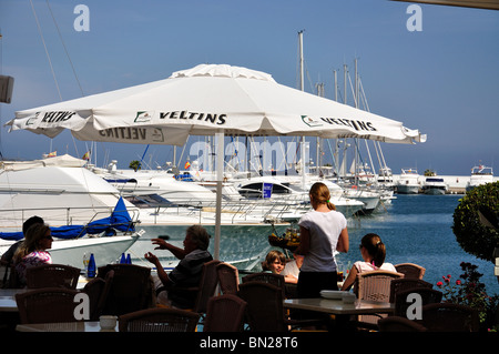 Outdoor restaurant in Marina, Santa Eularia des Riu, Ibiza, Balearic Islands, Spain Stock Photo