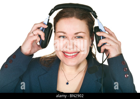 Laughing happy operator young woman in a call center. Isolated on white background Stock Photo
