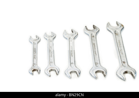 five spanners on white background Stock Photo