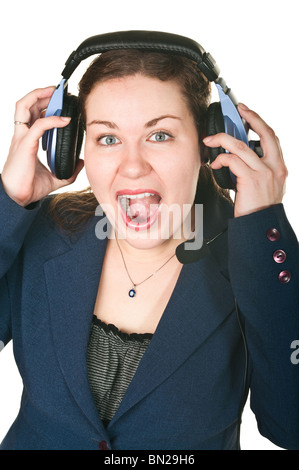 Laughing happy operator young woman in a call center. Isolated on white background Stock Photo