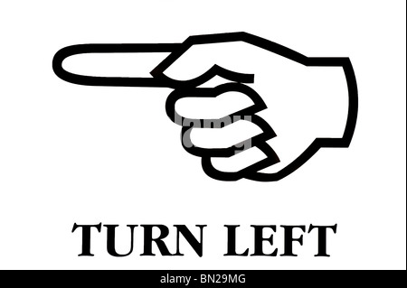 Turn left, pointing hand, directional sign in black and white Stock Photo