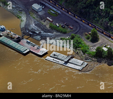 aerial view above barges coal rail cars Mississippi river Missouri Illinois border Stock Photo