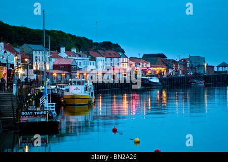 Whitby lower harbour at dusk, North Yorkshire Stock Photo