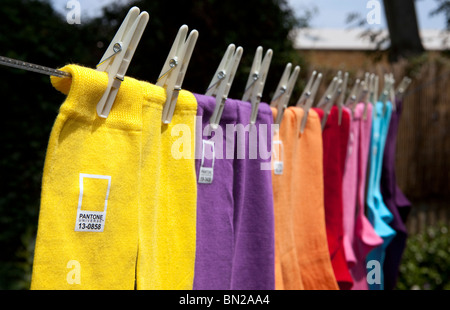 Colourful Pantone socks on a washing line. Stock Photo