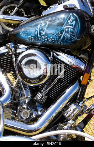A customized Harley Davidson Motor Bike the devil with wings and Goblins Stock Photo