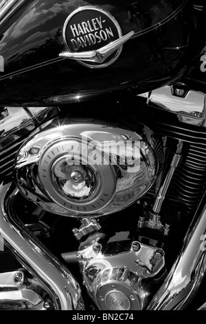 A Black and white image of a Harley Davidson Engine and Fuel Tank Stock Photo