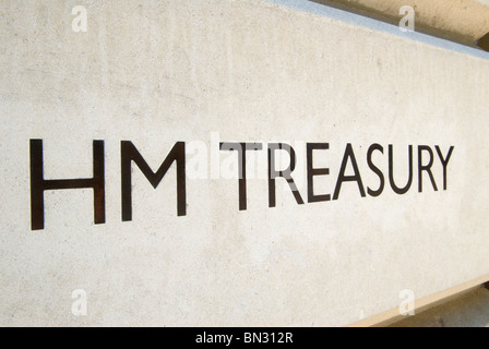 H M Treasury wall sign on their building. Horse Guards Road Whitehall London.
