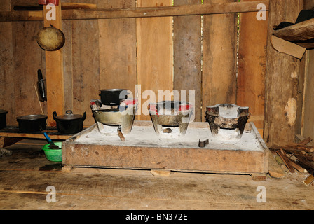 Interior of a house in a Red Karen village, hill tribe near Mae Hong Son, Northern Thailand, Asia Stock Photo