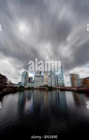 Stormy clouds above various bank headquarters in Canary Wharf, the new financial centre in the Docklands of London Stock Photo