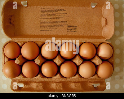 A dozen brown eggs in a carton on a kitchen table. Stock Photo