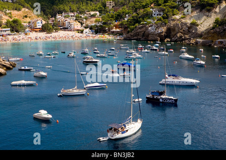 Boats at the bay of Cala Vadella, Ibiza, Spain, elevated view Stock Photo