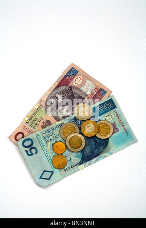 Polish Zloty Currency Coins and Notes white background Stock Photo