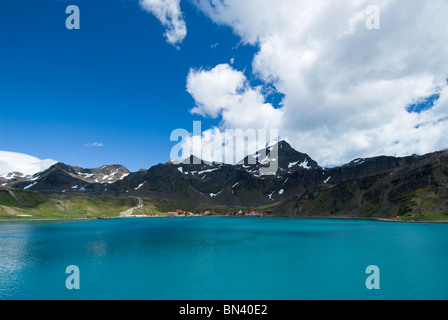 Grytviken, a former whaling station, view from boat, South Georgia Stock Photo