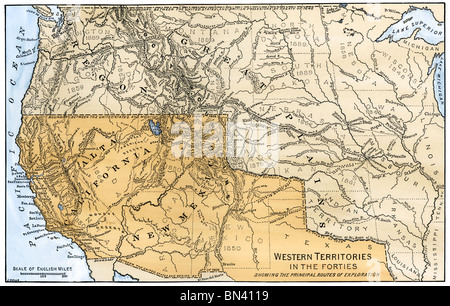 Mexican possessions and western US territories in the 1840s. Hand-colored woodcut Stock Photo