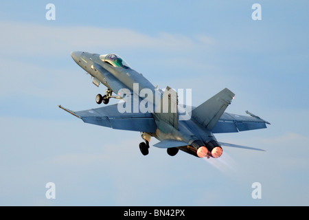 F/A-18 Hornet fighter of the Finnish Air Force at Midnight Sun Airshow of Kauhava, Finland in 2010. Stock Photo