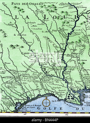 Western part of DeSoto's route, from Desisle's map published in 1707. Hand-colored woodcut Stock Photo