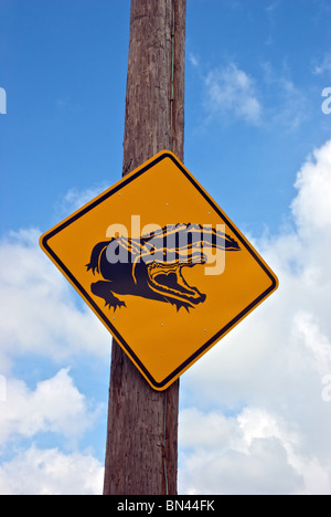 Alligator mississippiensis crossing sign on Creole Nature Trail All American Road in Cameron Parish Stock Photo