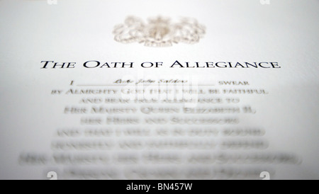 A close up of the official British Oath of Allegiance to Her Majesty Queen Elizabeth II. Photo by Matt Kirwan Stock Photo