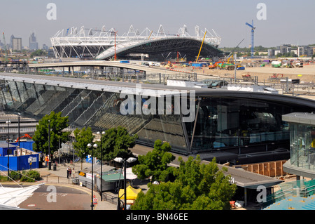 Aerial view Stratford railway station and 2012 Olympic building construction site Aquatic Centre roof and London stadium work in progress England UK Stock Photo