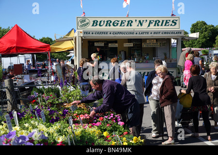 Selecting plants for the garden from a bedding plant stall in Dorchester market Stock Photo