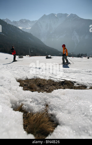 People ski on artificial snow at the ski resort Tannheim, Bogen ...