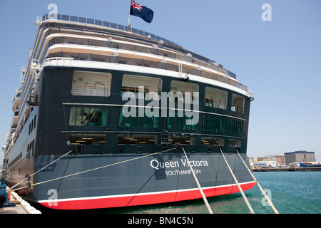 Stern view of Cunard's Queen Victoria alongside Gibraltar Harbour. Stock Photo