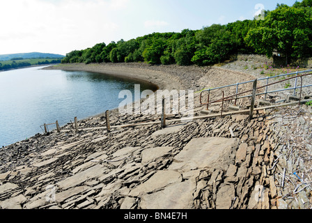 Water level markers on Yarrow Reservoir, Lancashire, indicating a very low water level due to lack or rainfall. Stock Photo