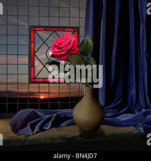 red rose and blue curtain on a window seal with sunset Stock Photo