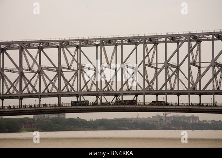 View of Howrah Bridge now Rabindra Setu over River Hooghly ; Calcutta Kolkata ; West Bengal ; India Stock Photo