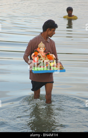 Idol of lord ganesh (elephant headed god)  ;  Ganesh ganpati Festival ;Thane ; Maharashtra ; India Stock Photo