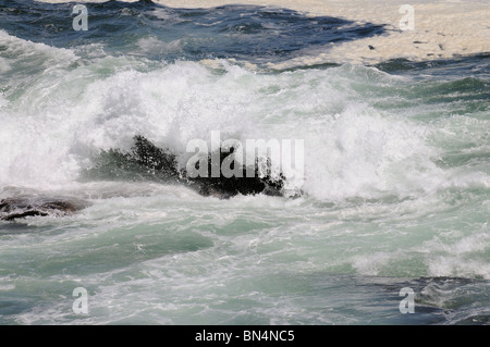Atlantic Ocean with waves crashing over black rocks Hermanus western Cape South Africa Stock Photo