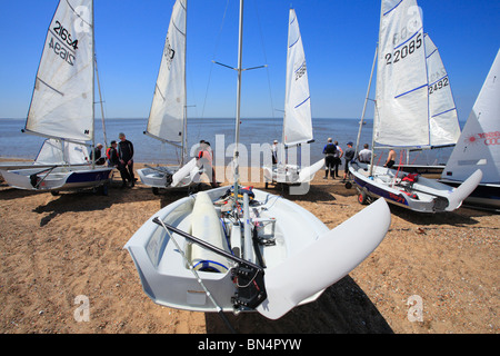 Boats on the beach prior to racing at the Laser 2000 Millennium Series Open meeting at Snettisham, Norfolk 23/5/2010. Stock Photo