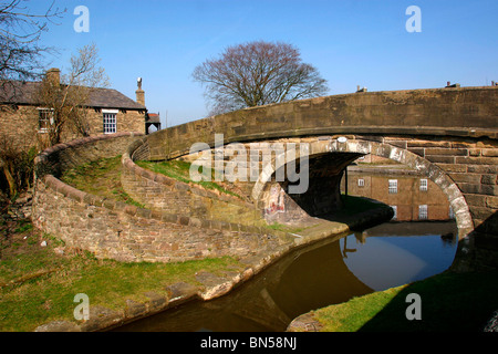 UK, England, Cheshire, Stockport, Marple, circular bridge at junction of Macclesfield and Peak Forest Canals Stock Photo