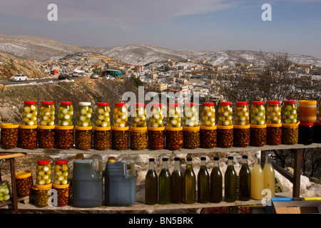 Israel, Golan Heights, The Druze village of Majdal Shams. Jars of labaneh, Stock Photo