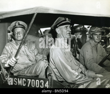 US ADMIRAL CHESTER NIMITZ at left with centre Admiral Raymond Spruance and Admiral Ernest King on Saipan in July 1944 Stock Photo
