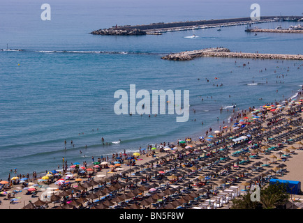 CROWDED SPANISH BEACH FUENGIROLA COSTA DEL SOL SPAIN SUMMER HOLIDAYMAKERS PEOPLE WITH UMBRELLAS AND SUN LOUNGERS SUNBATHING Stock Photo