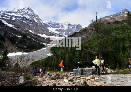 Hikers and tourists at Plain of Six Glaciers. Banff National Park, Alberta, Canada. Stock Photo