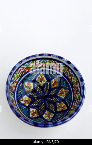 Traditional patterned Berber pottery produced in the village of Guellala on the island of Djerba in Tunisia. Stock Photo