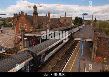 A national express train arrives at the station of Stowmarket in Suffolk , England , Great Britain , Uk Stock Photo