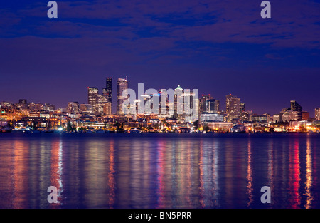 A Nighttime Seattle Skyline of Elliot Bay in the Puget Sound Stock Photo