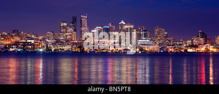 A Nighttime Seattle Skyline of Elliot Bay in the Puget Sound Stock Photo