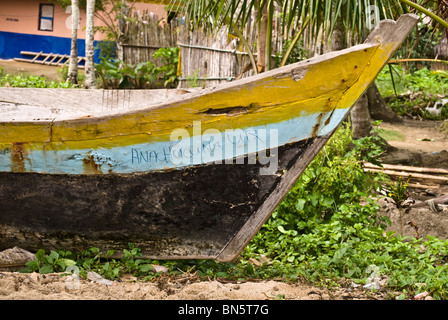A close up of a Kuna ulu with the name of the village on its' prow. Stock Photo