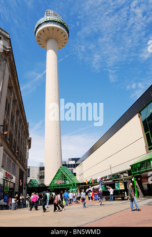 St Johns beacon, home of Radio City ( Liverpool ) towering above St. Johns Market and the Holiday Inn in Liverpool city centre. Stock Photo