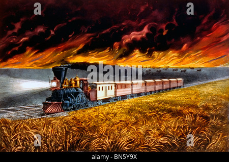 Prairie fires of the great west - Train traveling across prairie ahead of fire. circa 1872 USA Stock Photo