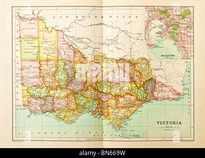 Old 1900 map of Victoria State, Australia, divided into Counties. Stock Photo