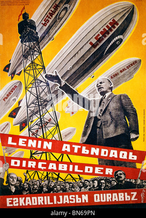 Lenin Airships, 1931 Russian poster, We Are Building a Fleet of Airships for Lenin, text in Azerbaijanian Stock Photo