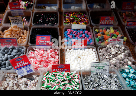 Traditional sweets in market, Abergavenny, Gwent Stock Photo